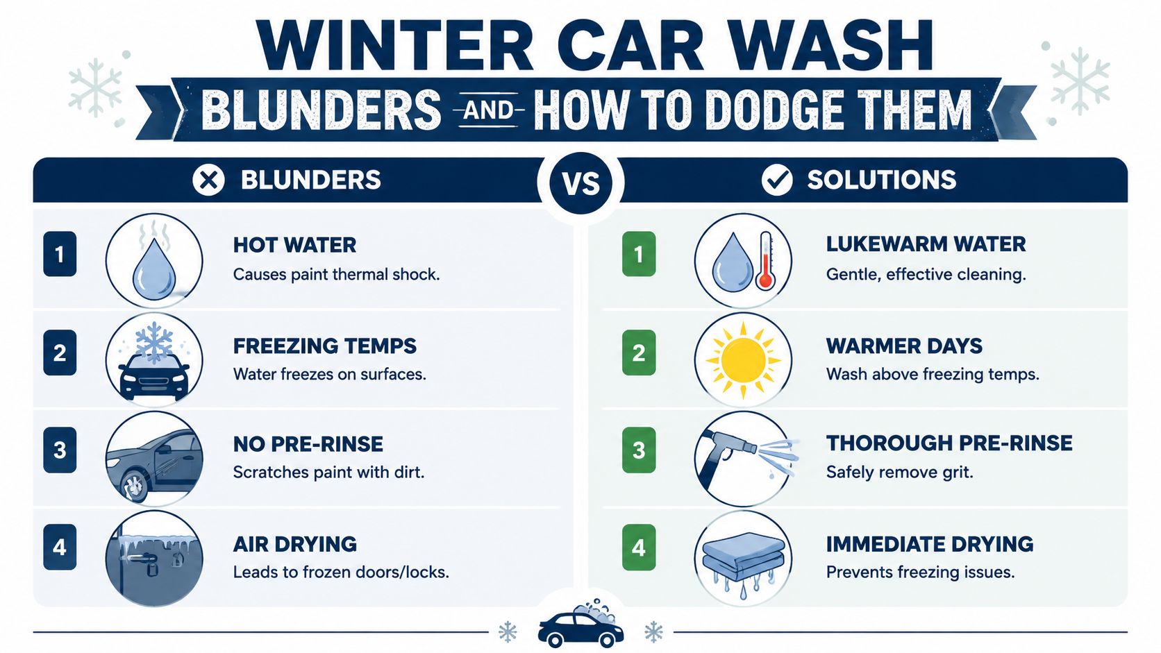 An infographic showing four common winter car wash mistakes and their corresponding effective solutions for vehicle care.