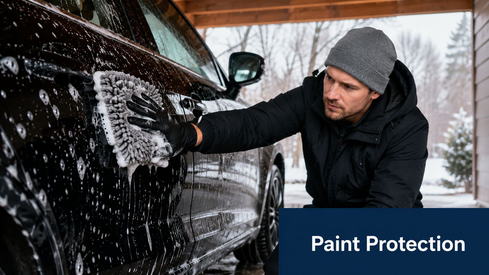 A man in a beanie and jacket washing a black car with a wash mitt during winter