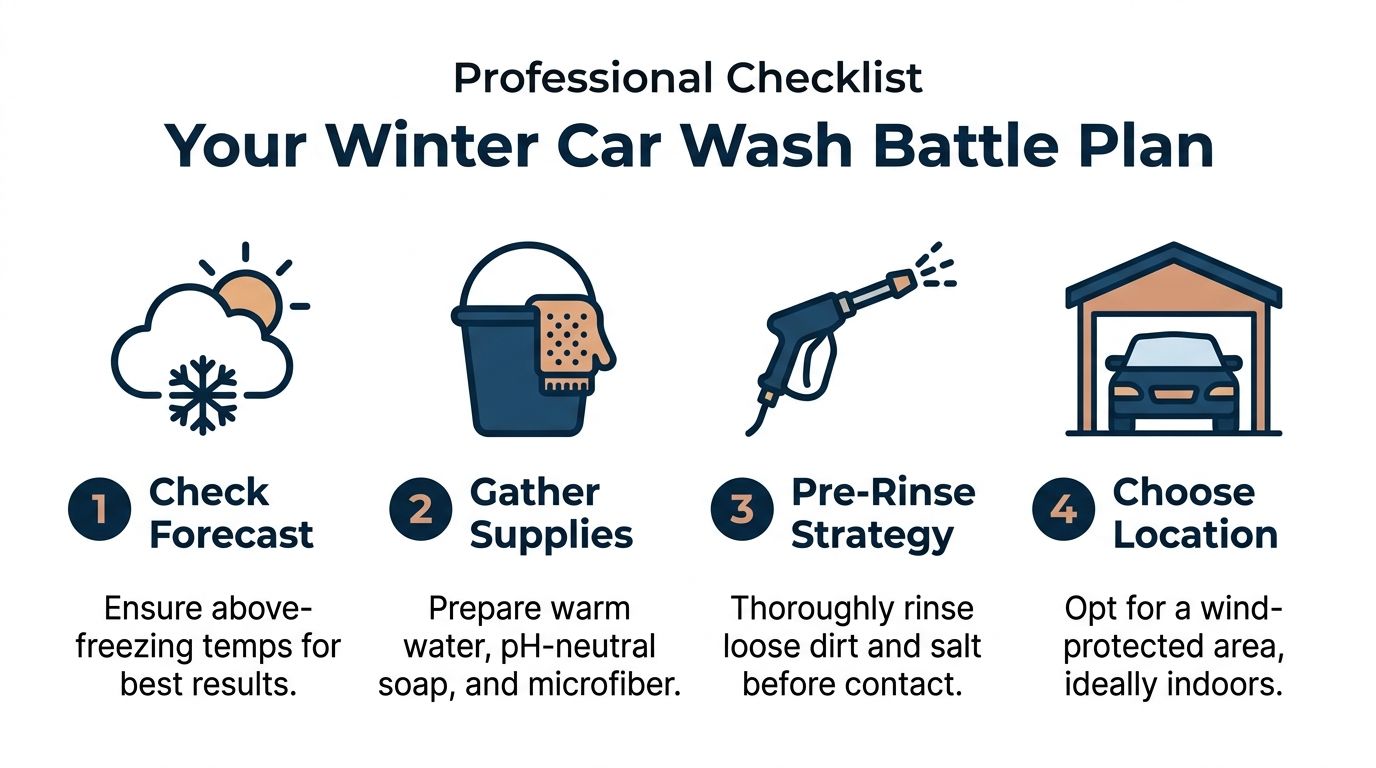A professional checklist infographic detailing four essential steps for washing a car during the winter season.