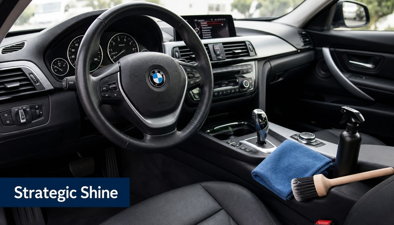 A car interior cleaning kit featuring a blue microfiber cloth, spray bottle, and detail brush on a console.
