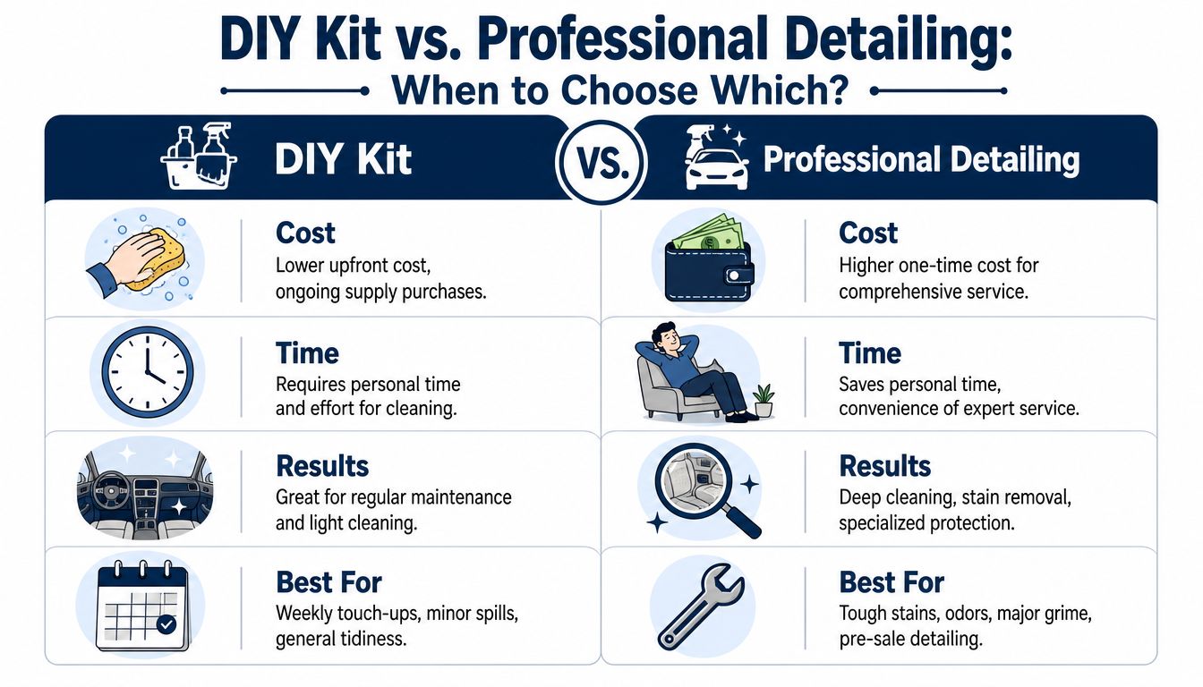 A comparison chart showing the benefits of using a DIY interior car cleaning kit versus professional detailing services.
