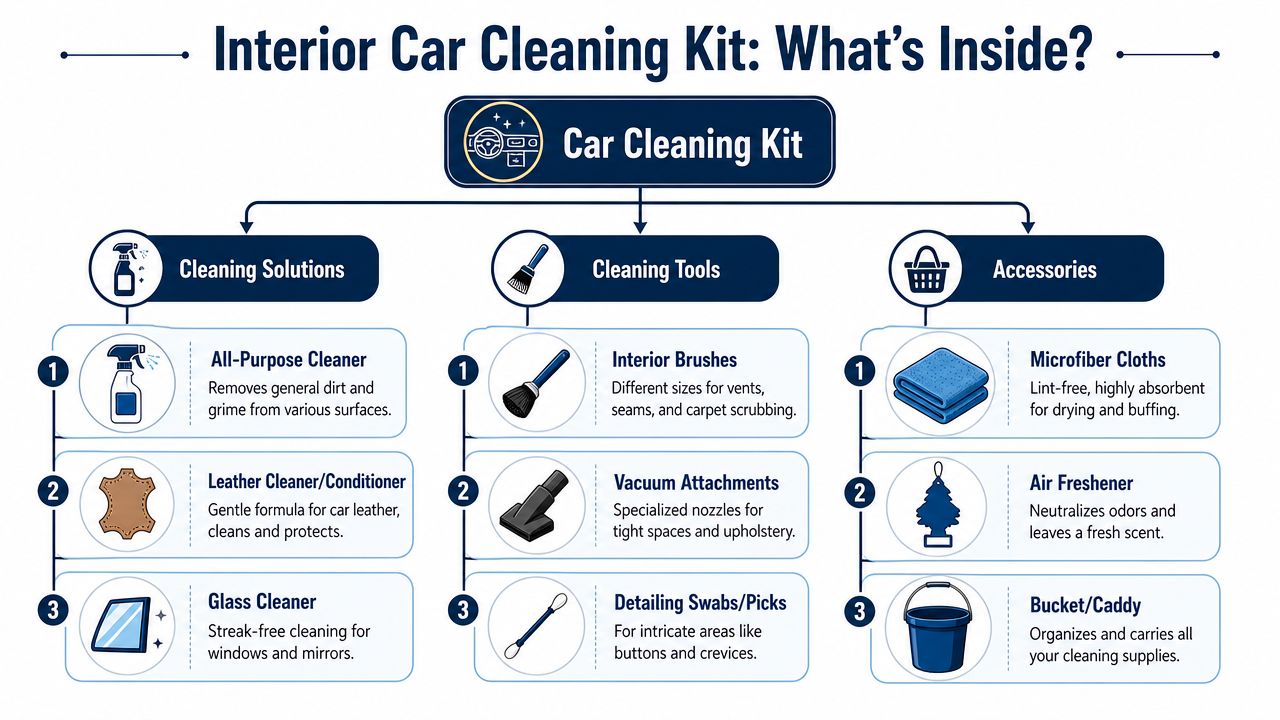 An infographic detailing the essential tools, cleaning solutions, and accessories needed for an interior car cleaning kit.