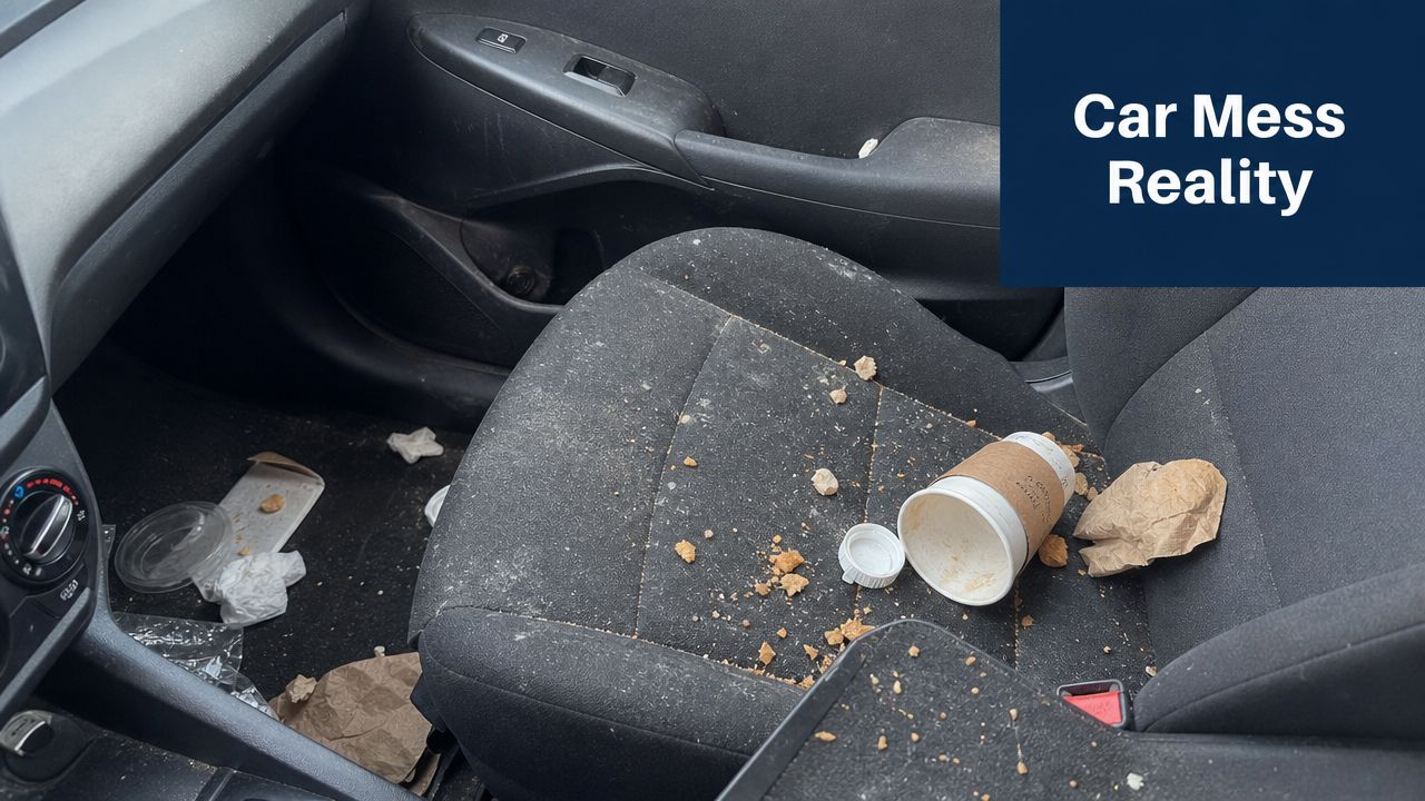 A messy car interior showing a dirty seat covered in crumbs, trash, and an empty coffee cup.