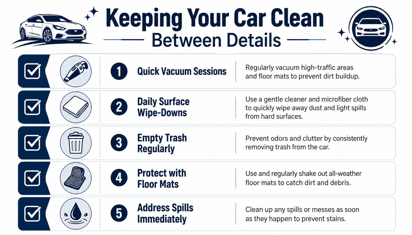 An infographic titled Keeping Your Car Clean Between Details featuring five essential tips for vehicle maintenance.