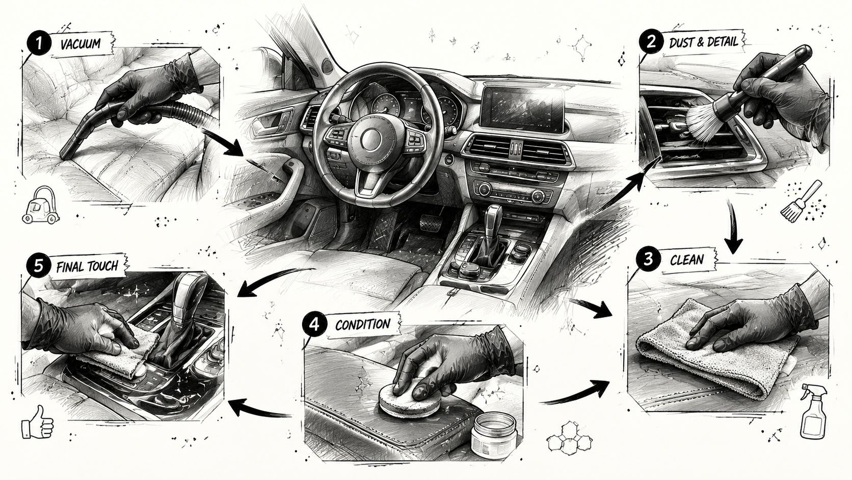 A detailed illustration showing five essential steps for professional interior car detailing and cleaning processes.