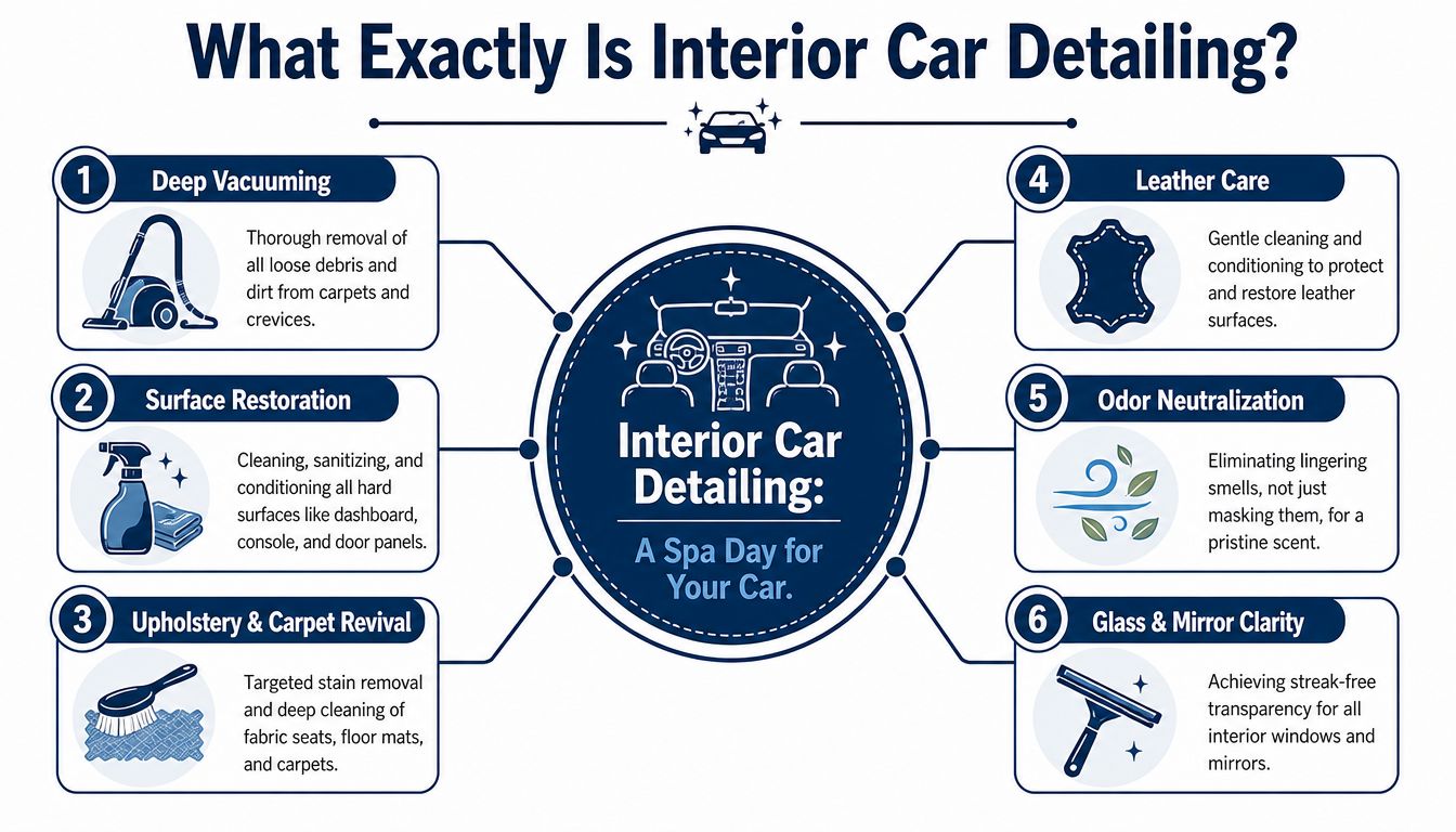 An infographic titled Interior Car Detailing explaining six key steps to clean and restore a car interior.