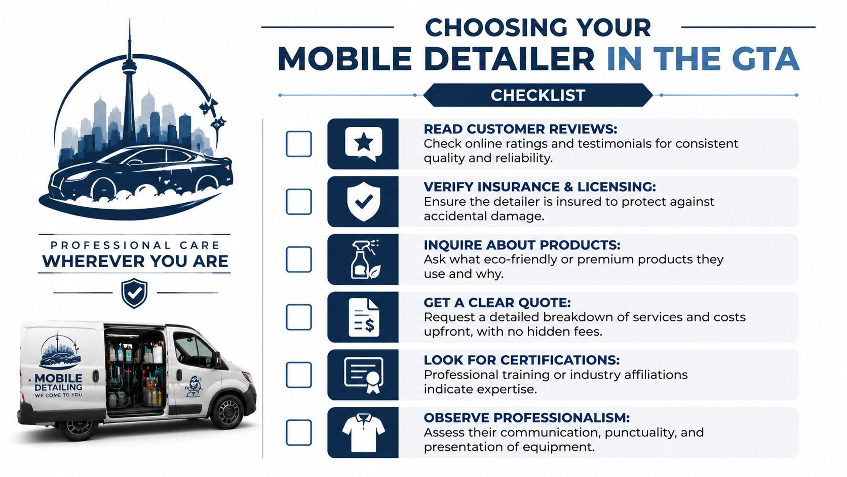 A checklist infographic titled choosing your mobile detailer in the GTA, highlighting six essential service criteria.