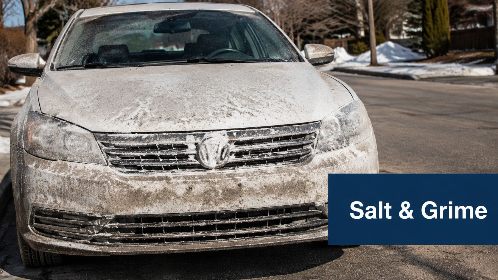 A silver Volkswagen car parked on a suburban street covered in winter road salt and grime.