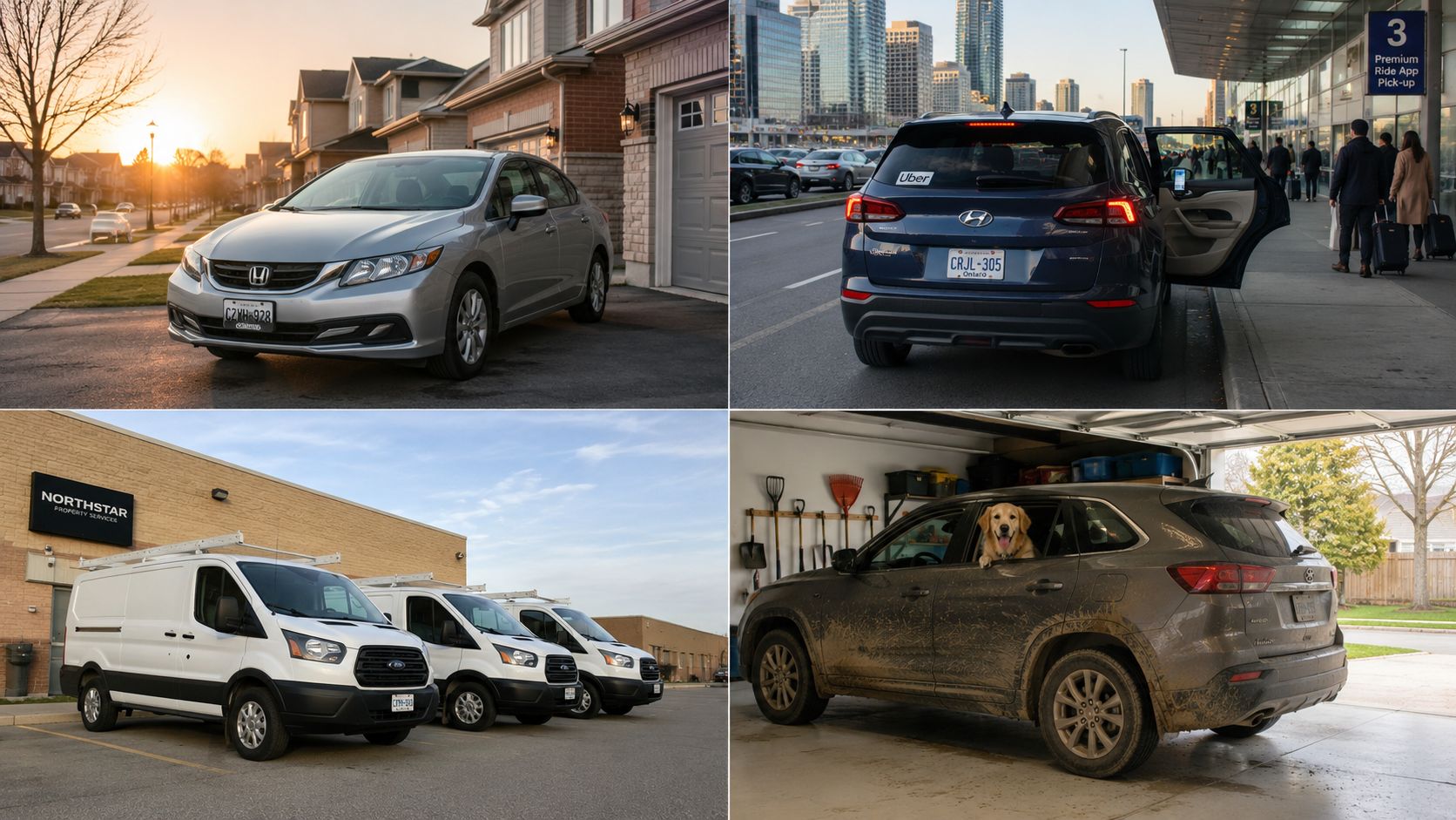 A collage showing different vehicles including a silver car, an Uber, company vans, and a muddy SUV.