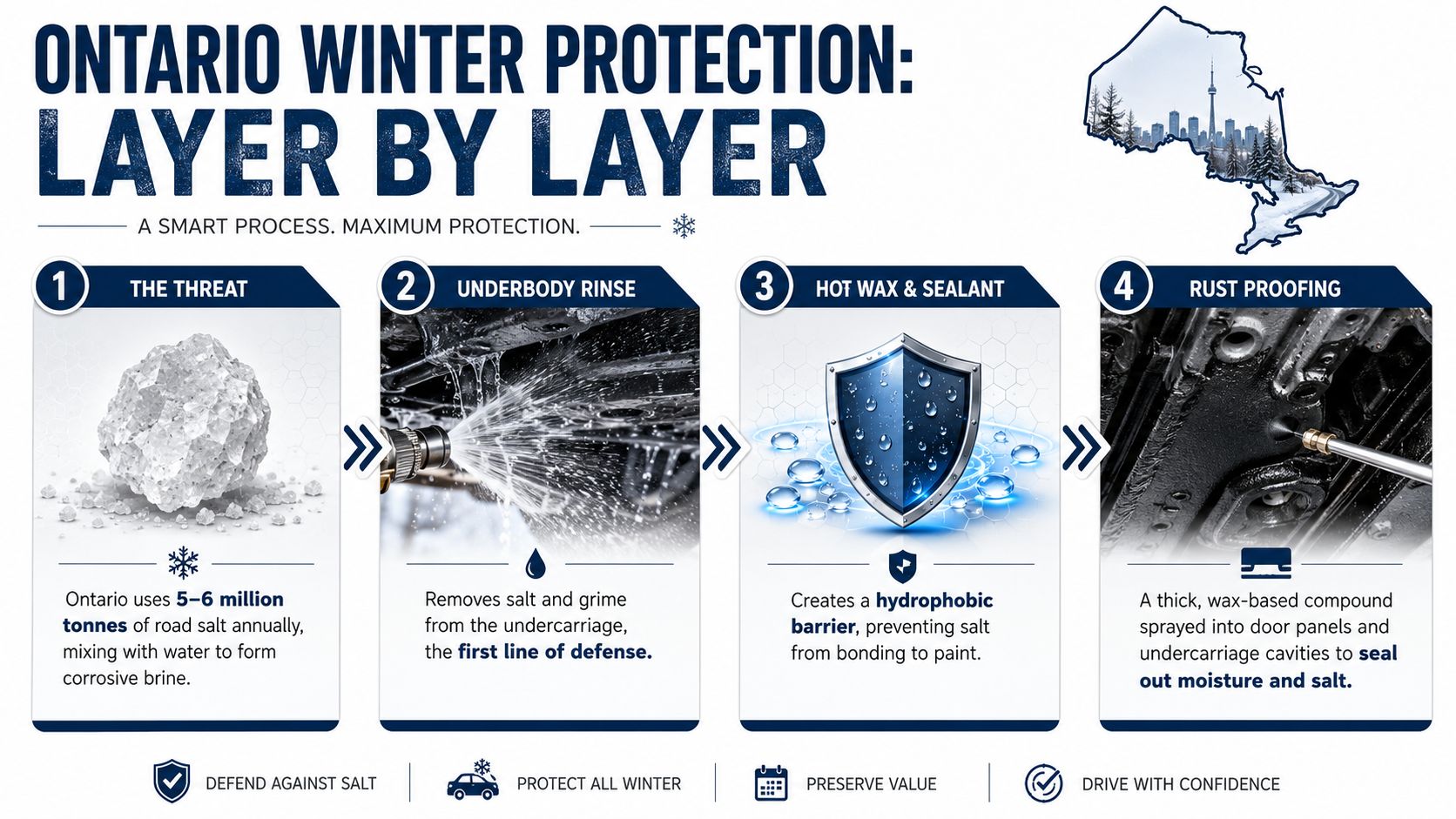A step-by-step infographic showing the Ontario winter car protection process against road salt and corrosion.