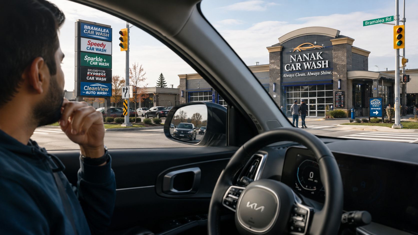 A driver sits inside a Kia vehicle waiting to enter Nanak Car Wash in Brampton, Ontario.