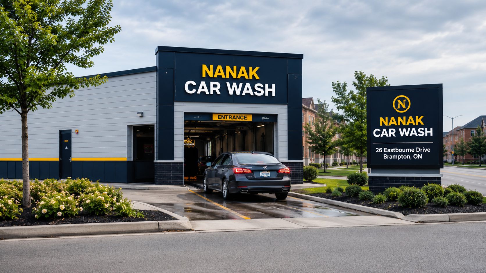A gray Toyota sedan entering the Nanak Car Wash facility located on Eastbourne Drive in Brampton, Ontario.