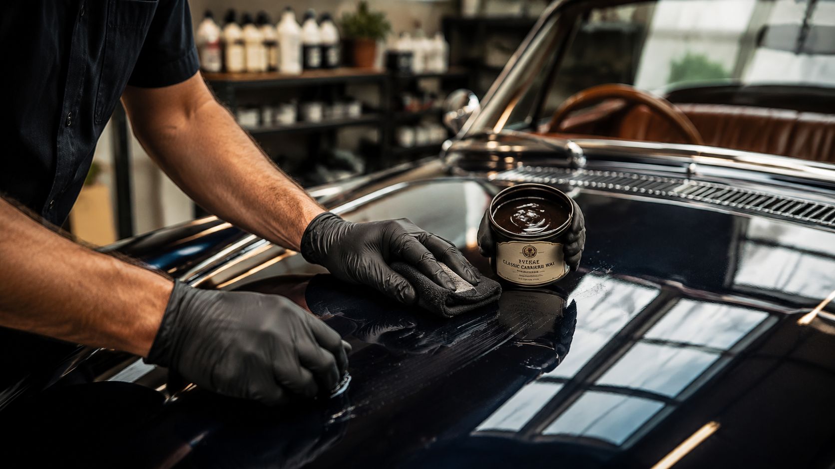 A professional detailer in black gloves carefully applying wax to a shiny blue vintage car hood.