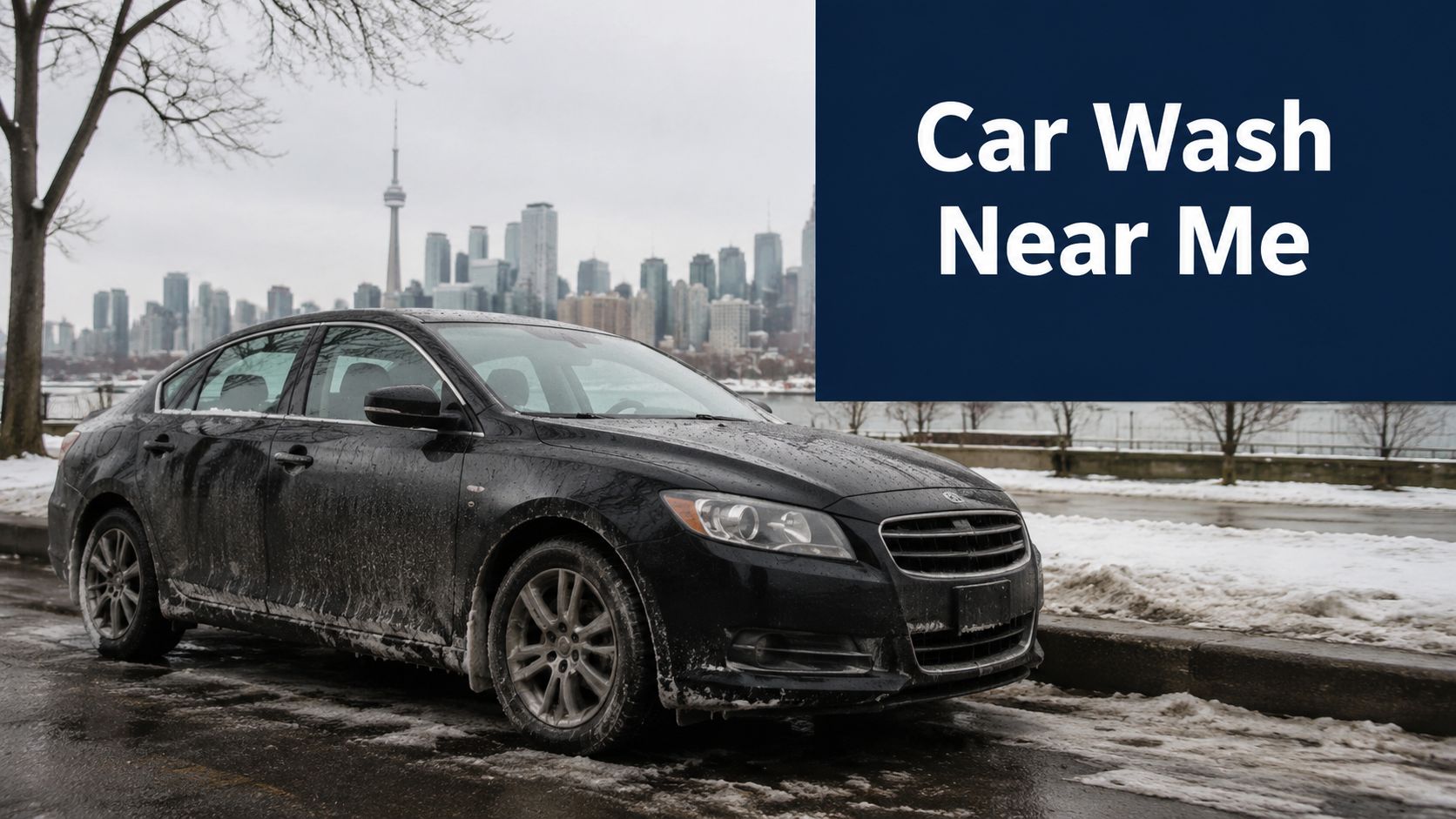 A dirty black car parked on a snowy road with the Toronto skyline in the background.