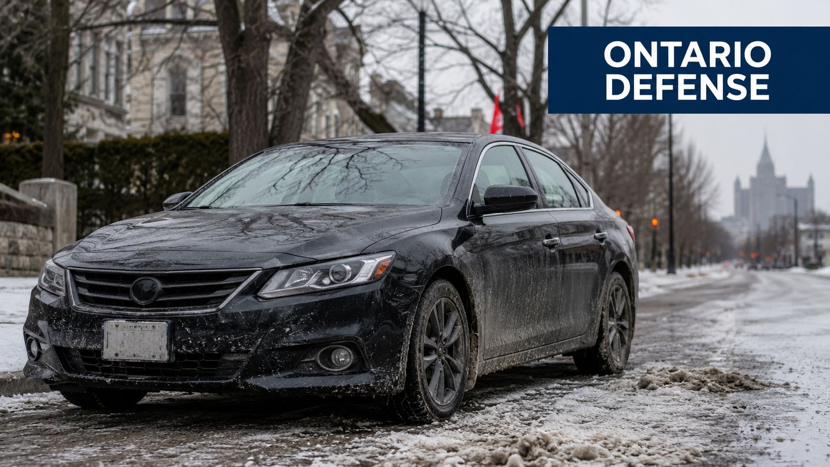 A dirty black sedan parked on a slushy, snowy street in front of a Canadian building.