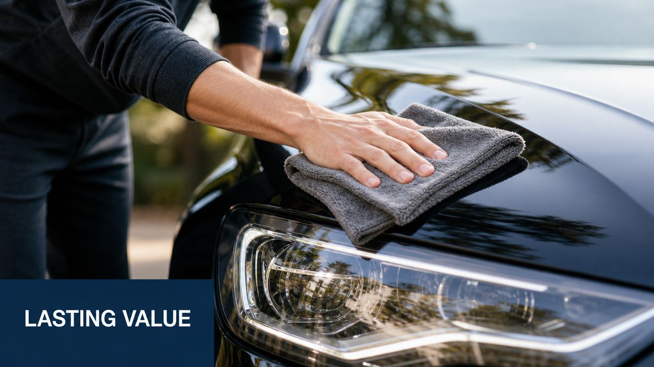 A person uses a gray microfiber cloth to gently polish the hood of a shiny black car.
