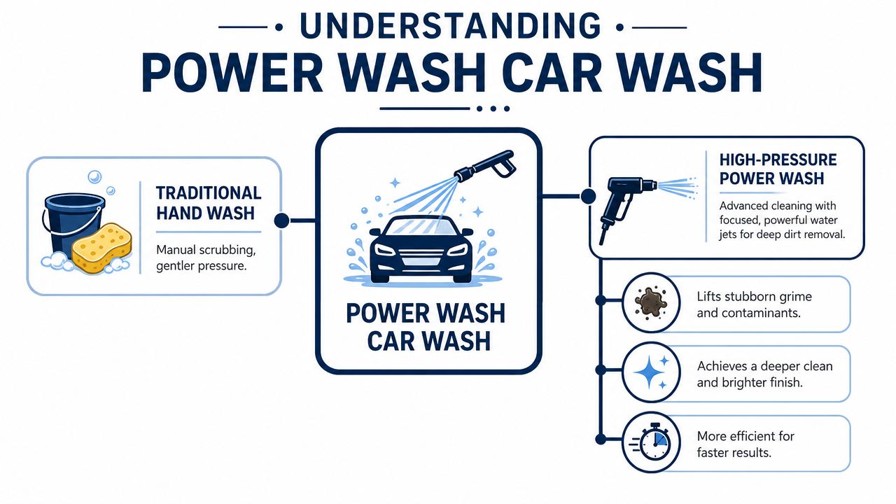 A diagram comparing traditional manual car washing with modern high-pressure power wash cleaning techniques.