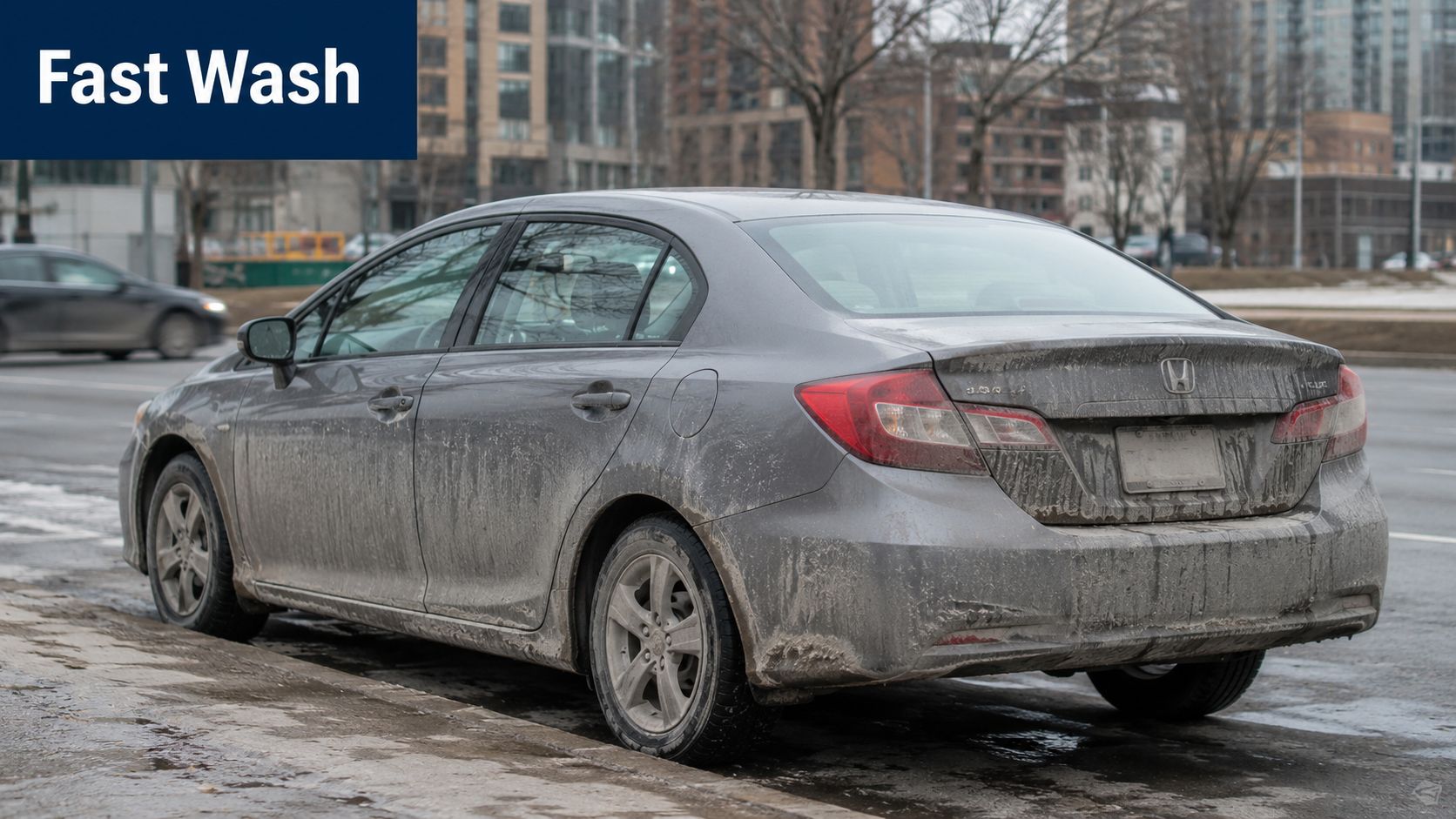 A dirty grey Honda Civic parked on a city street, representing the need for a car wash.
