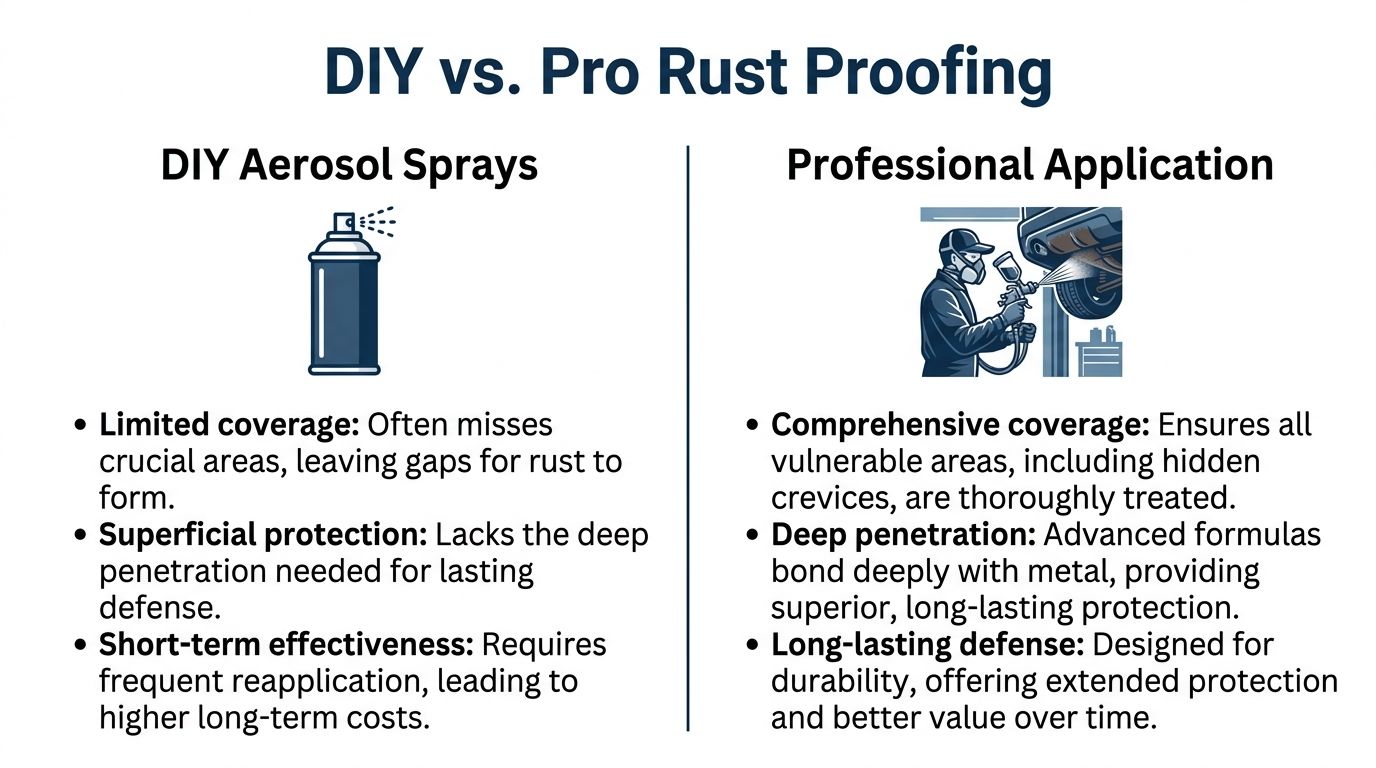 A comparison infographic between DIY aerosol rust proofing sprays and professional vehicle rust proofing application methods.