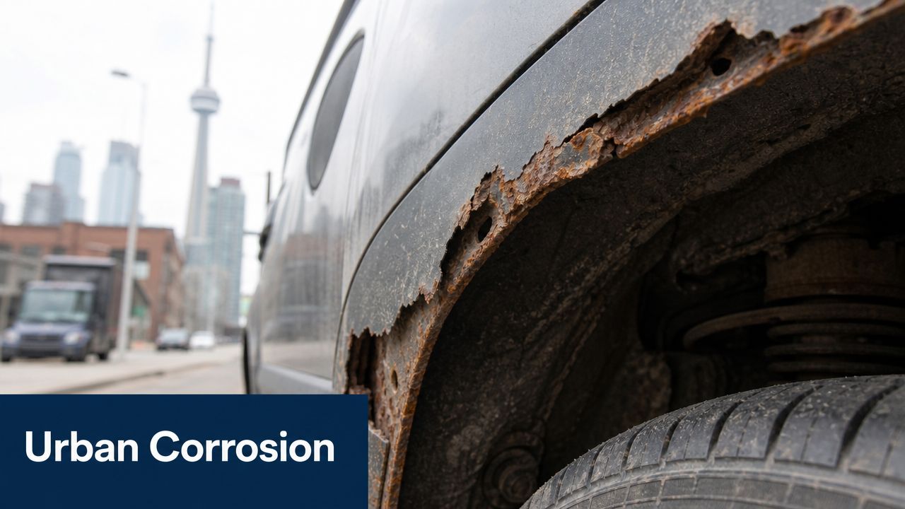 A close-up view of a vehicle's corroded wheel well showing severe rust against an urban city background.