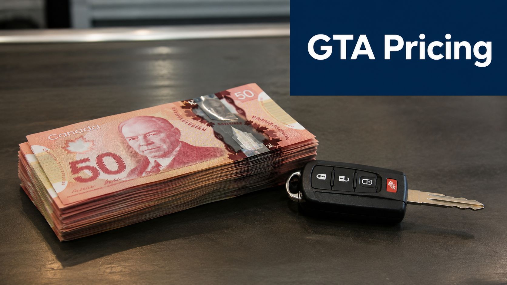 A stack of Canadian fifty-dollar bills next to a car key on a dark surface.