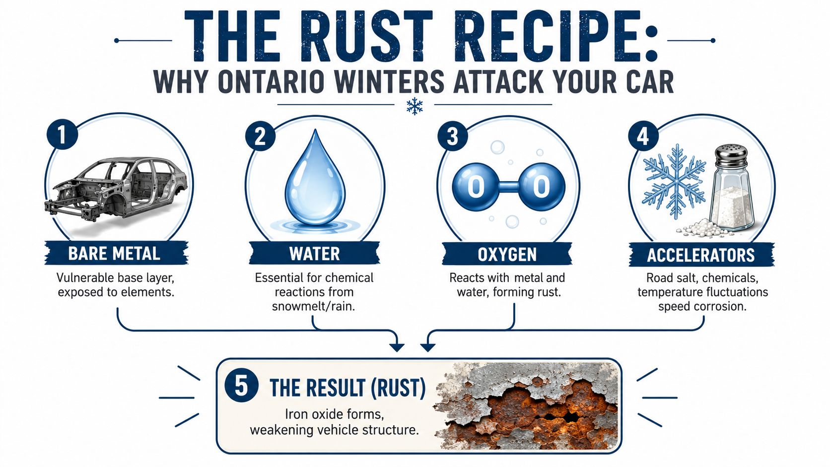 An infographic titled The Rust Recipe explaining how water, oxygen, and road salt cause car corrosion.