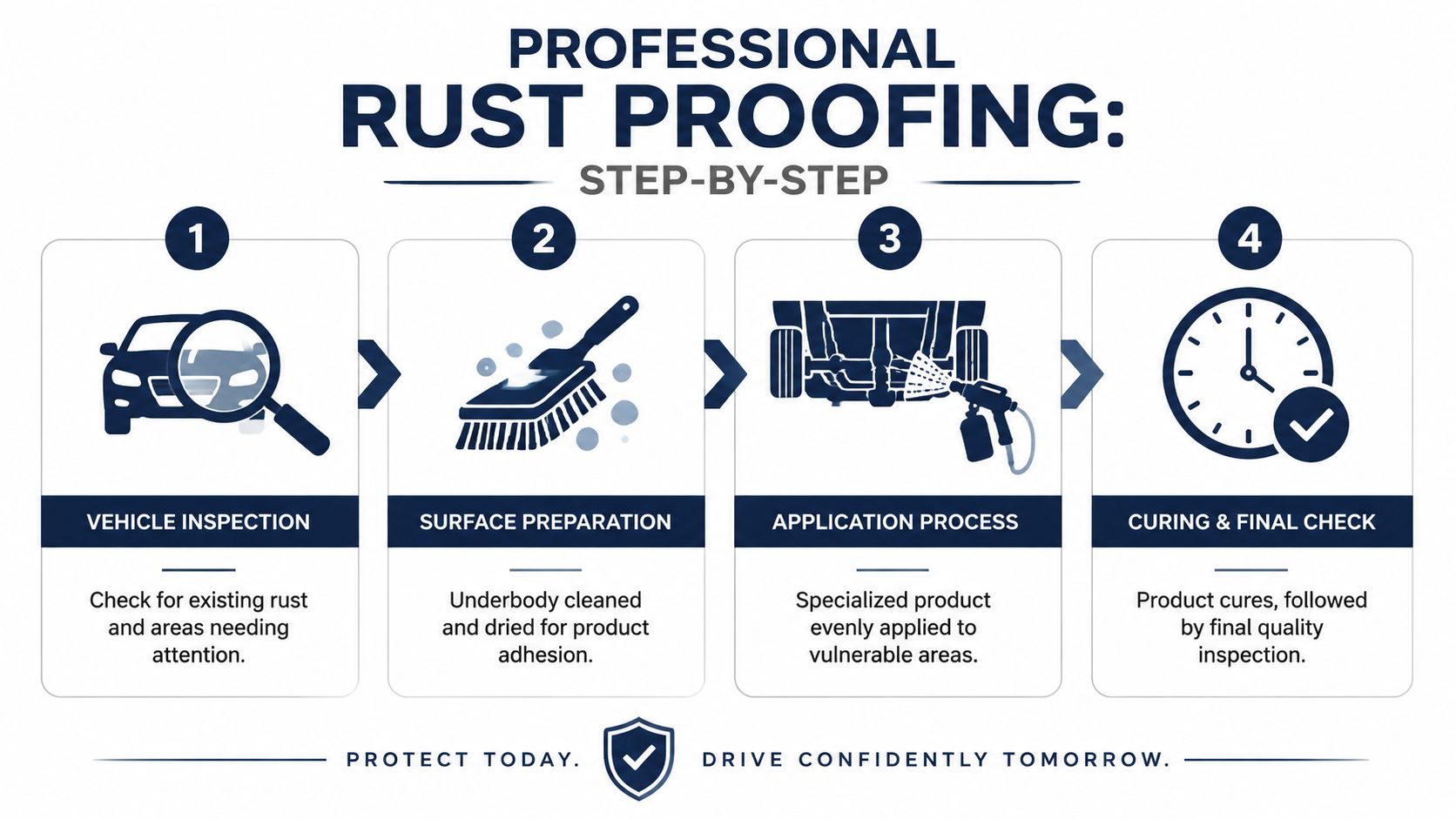 A four-step infographic illustrating the professional vehicle rust proofing process from inspection to final quality check.