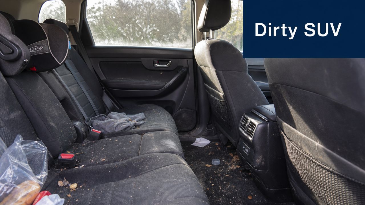 A messy interior of a dirty SUV with debris on the seats and floor, needing professional cleaning.
