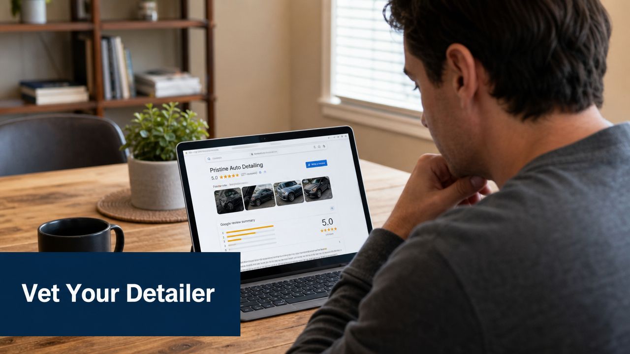 A man sitting at a wooden table looking at auto detailing business reviews on his laptop screen.