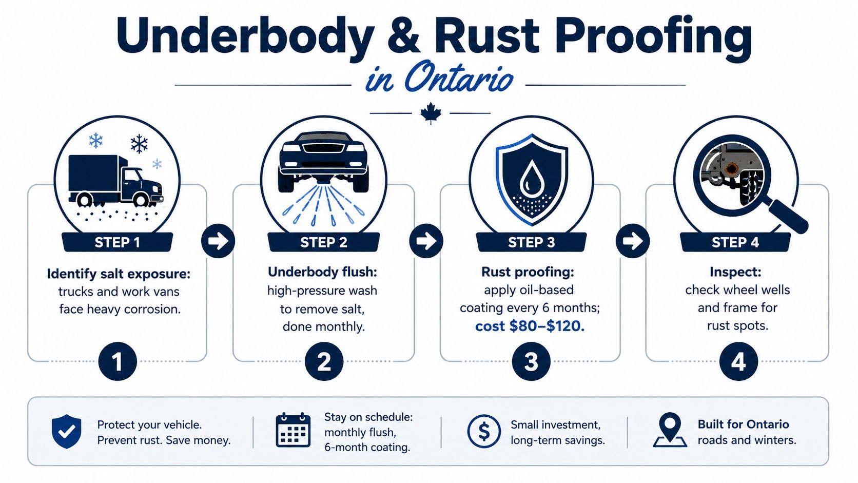 An infographic showing four steps for vehicle underbody care and rust proofing for Ontario drivers.