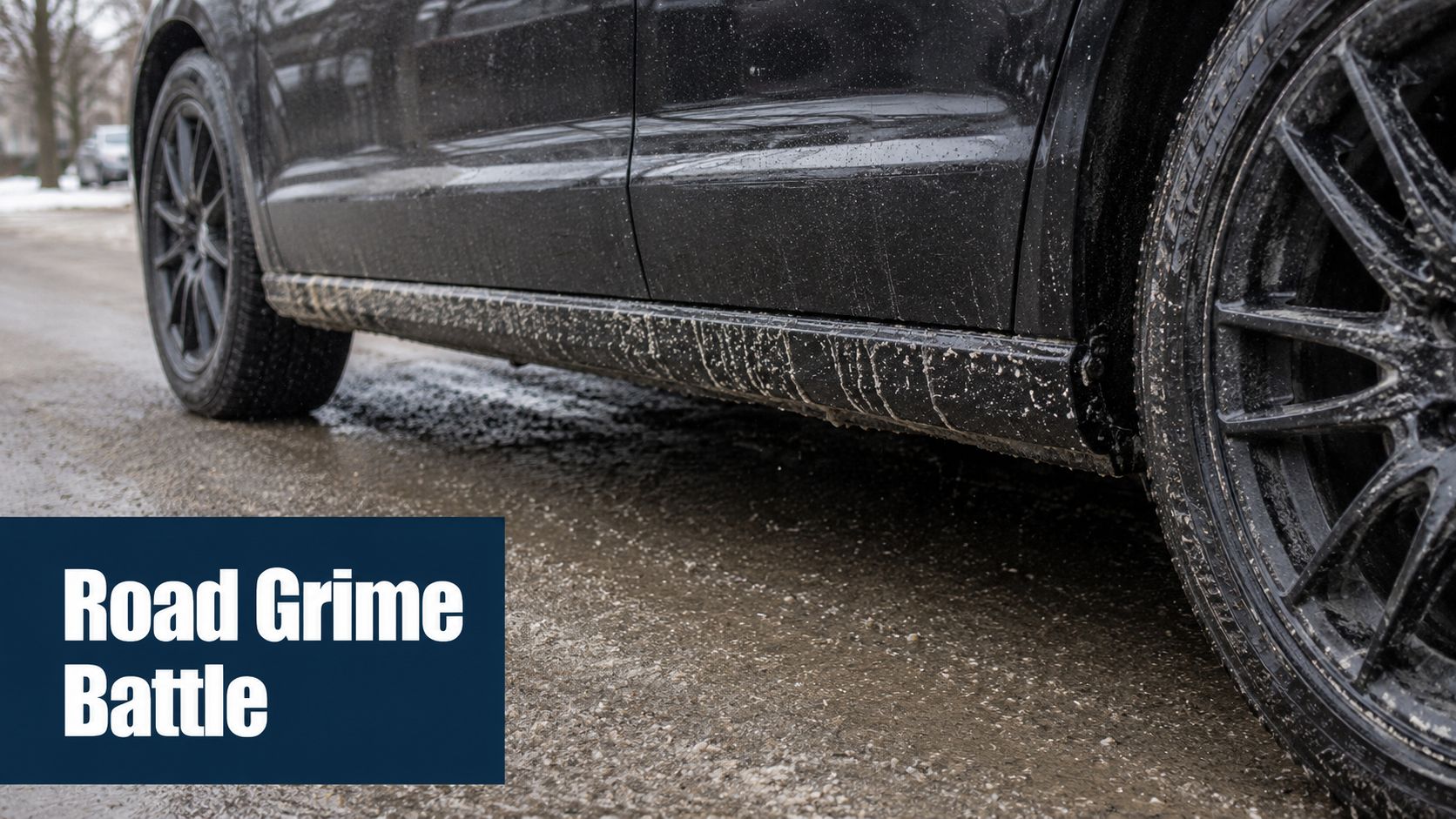 A close-up view of a muddy car side panel and wheel after driving on a slushy road.