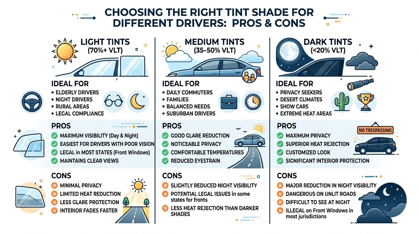 An informative infographic comparing light, medium, and dark car window tint shades, detailing their pros, cons, and ideal uses.