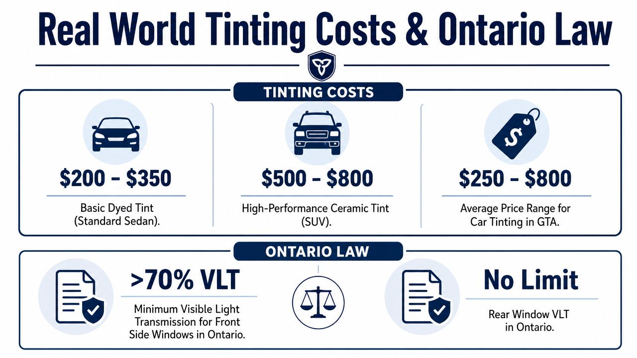 An infographic showing car window tinting costs and Ontario legal requirements for visible light transmission percentages.