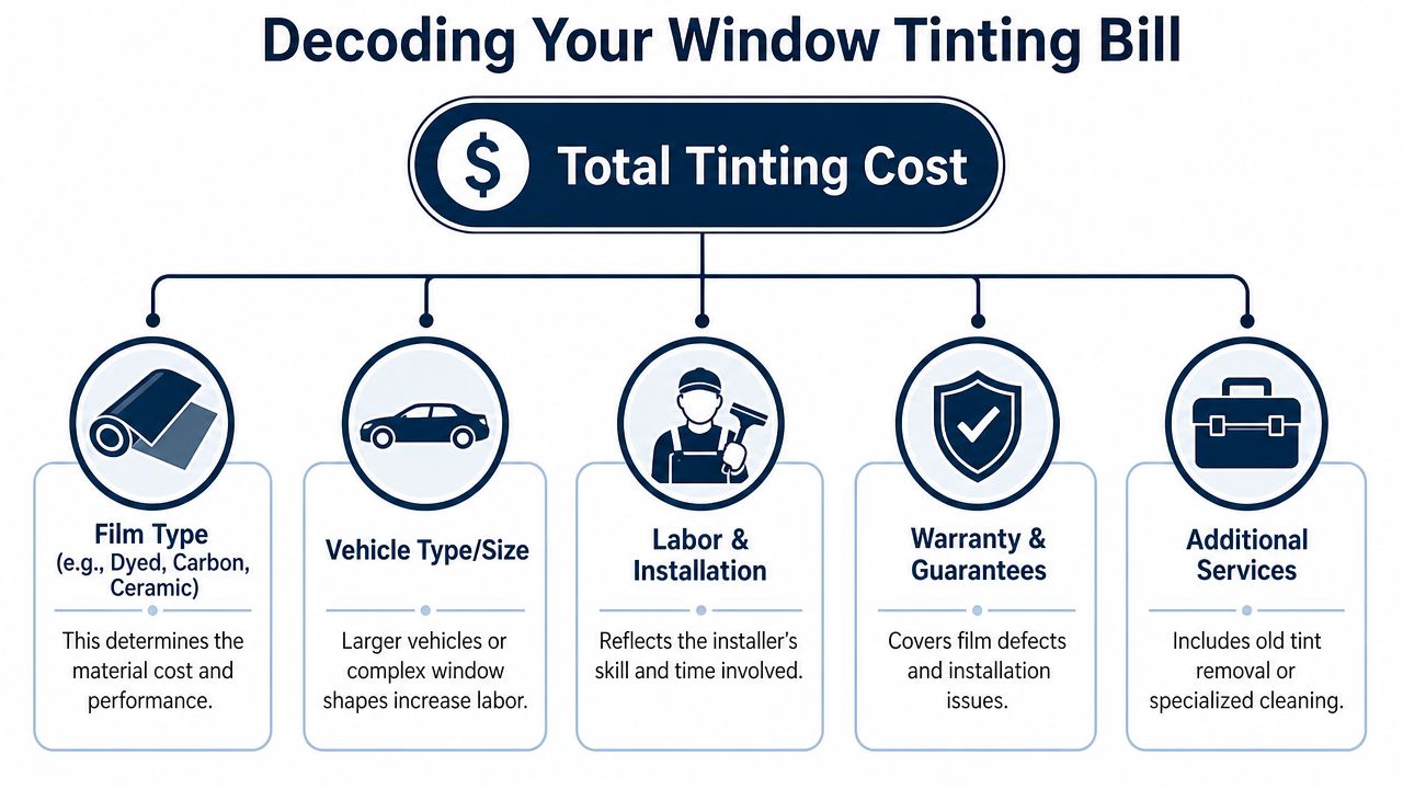 An infographic titled Decoding Your Window Tinting Bill showing factors affecting total vehicle window tinting costs.