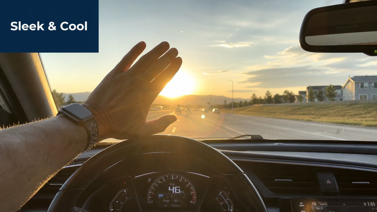 A driver's perspective from behind the wheel as the bright sun sets over a highway.