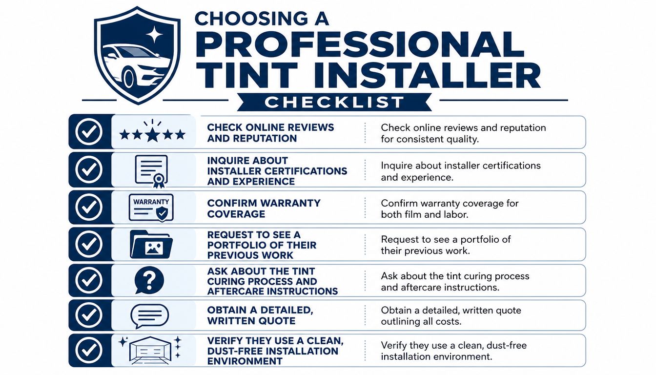 A professional window tinting installer checklist outlining seven key steps to choose the right tinting service.