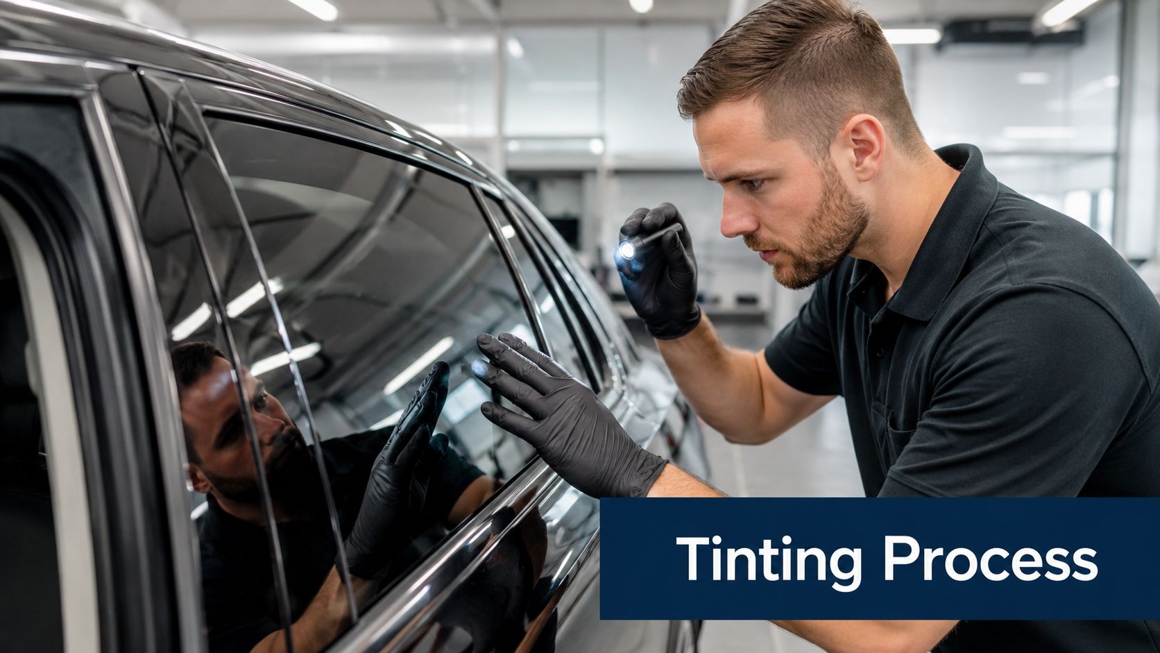 A professional technician wearing gloves inspects a car window during the professional window tinting process.