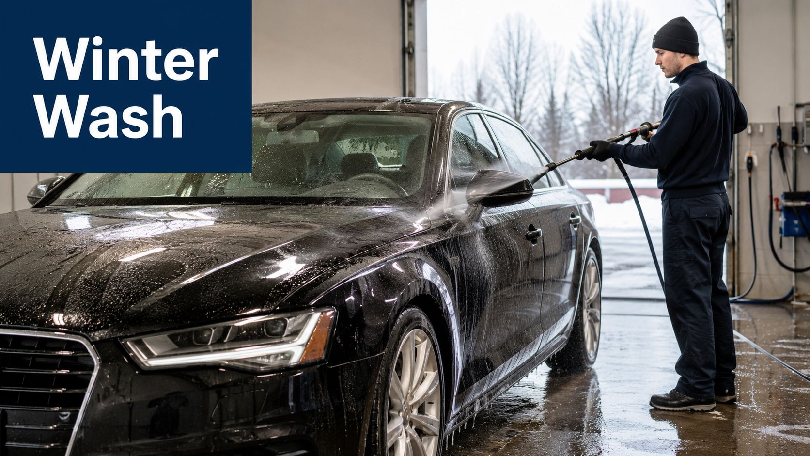 A car wash technician pressure washing a black car inside a garage during winter.