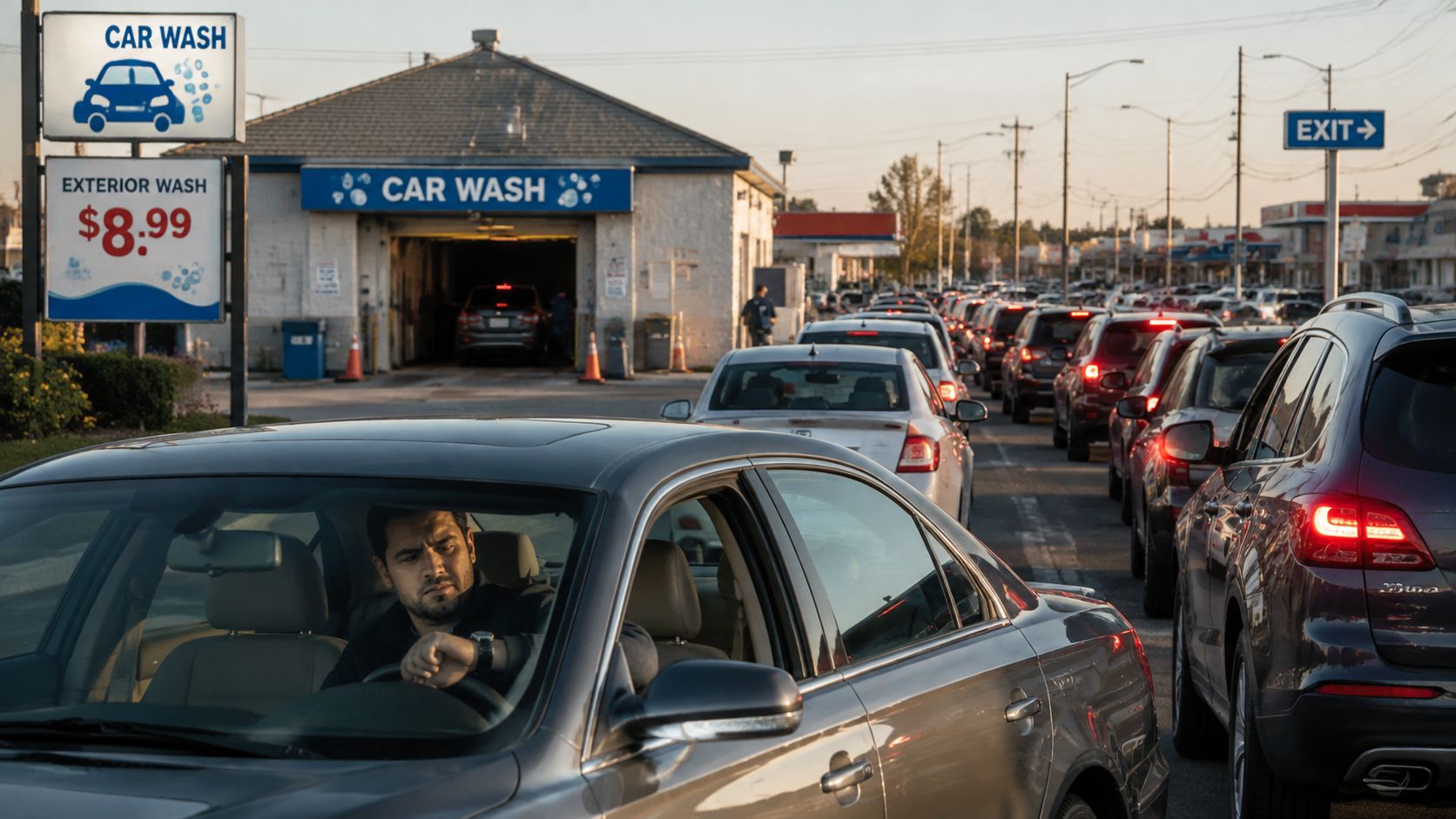 A man waiting in his gray sedan in a long line at a car wash facility.