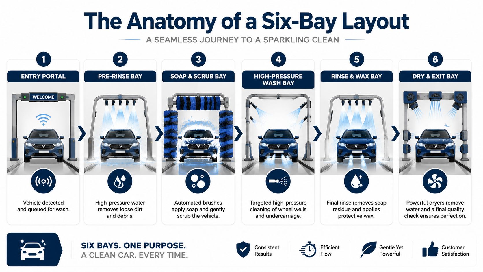 An infographic detailing the six-stage process of an automated car wash system, from entry to final drying.