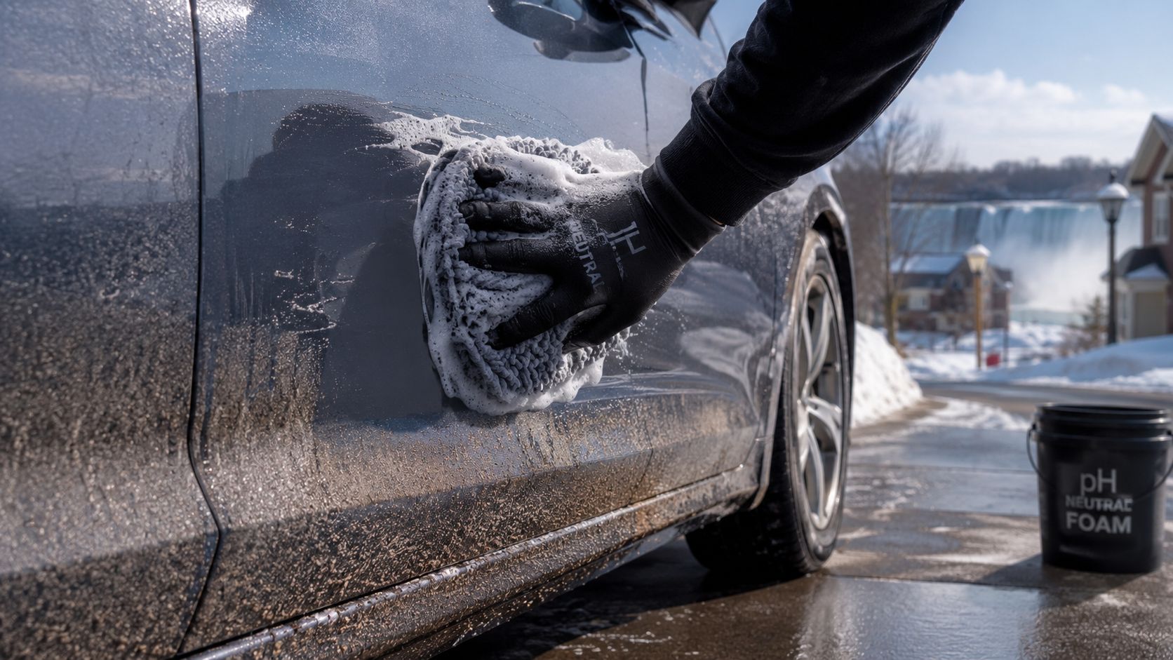 A person washing a dirty car with a soap mitt in front of Niagara Falls in winter.