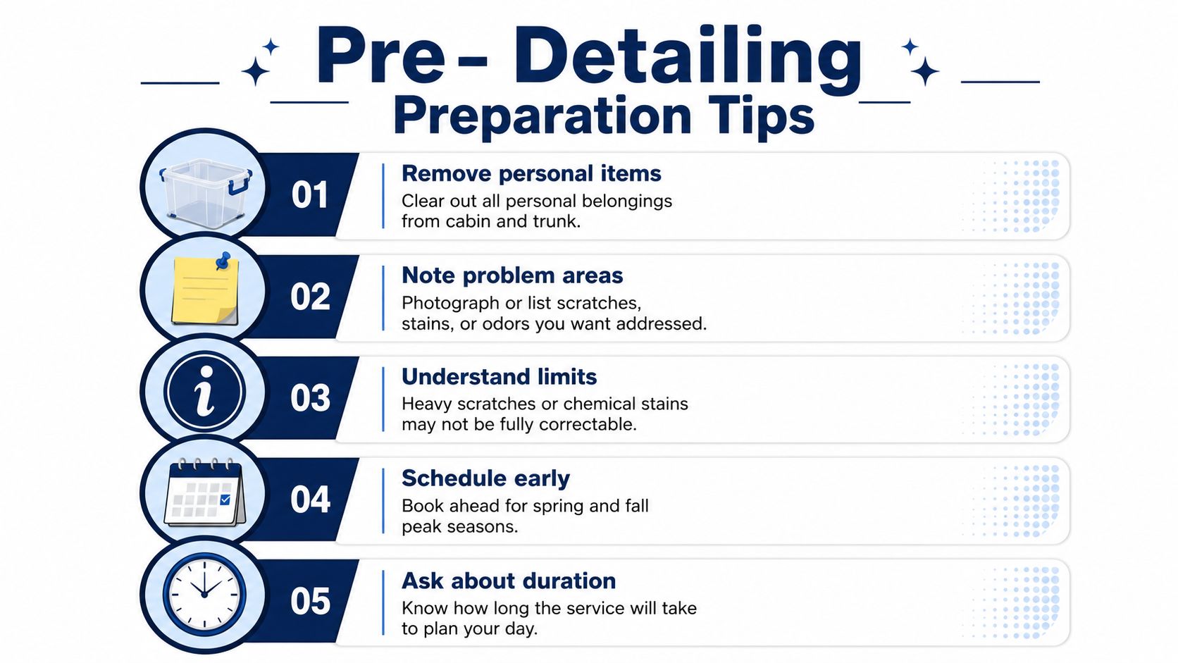 An infographic titled Pre-Detailing Preparation Tips, listing five numbered steps for preparing a car for professional detailing.