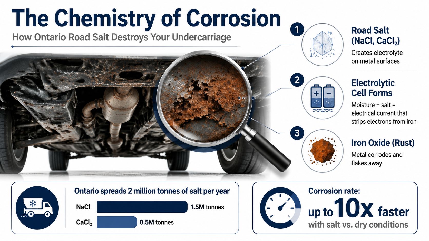 An infographic showing the chemical process of how road salt causes vehicle undercarriage rust and corrosion.