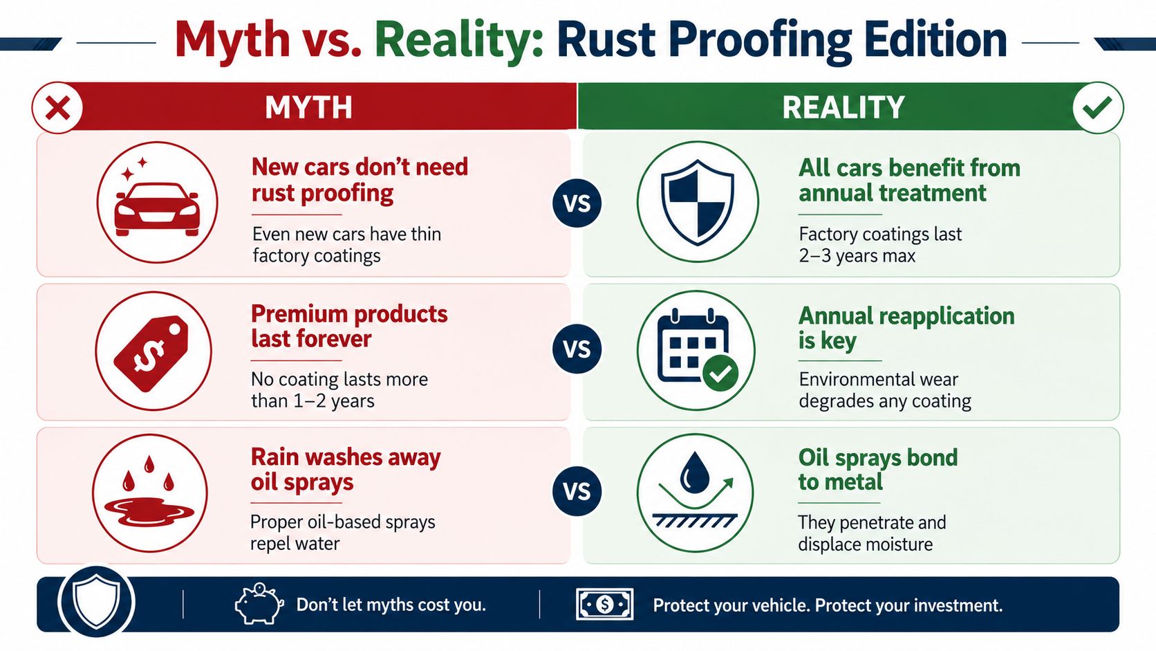 A comparison chart separating common rust proofing myths from the reality of vehicle protection and maintenance.