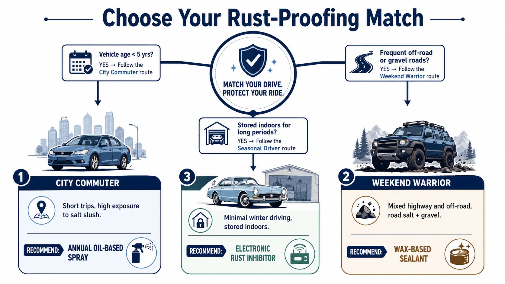 An infographic guiding vehicle owners to select the best rust-proofing method based on driving habits and storage.