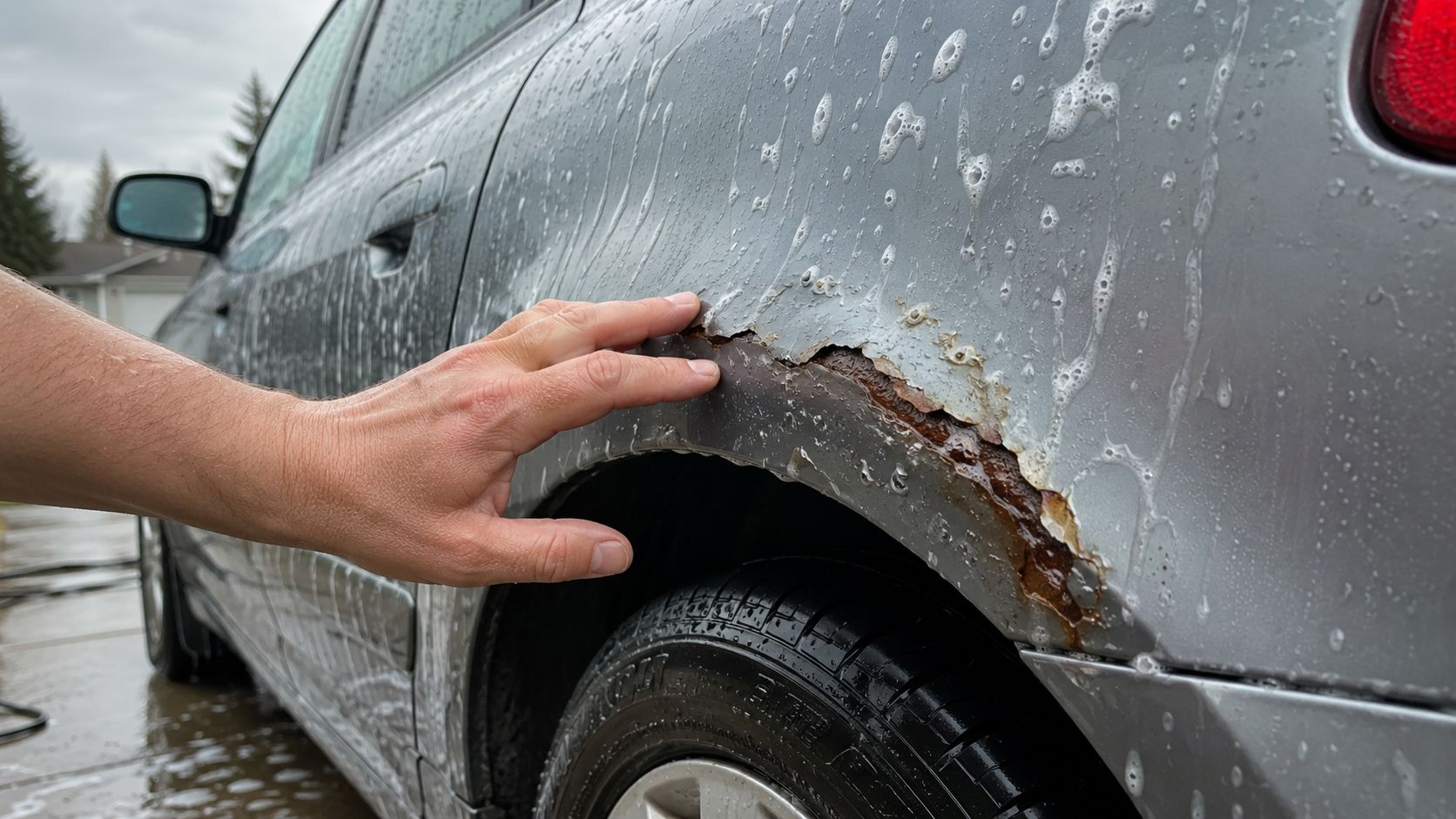 A close-up view of a person pointing at severe rust damage on a car's rear wheel arch.