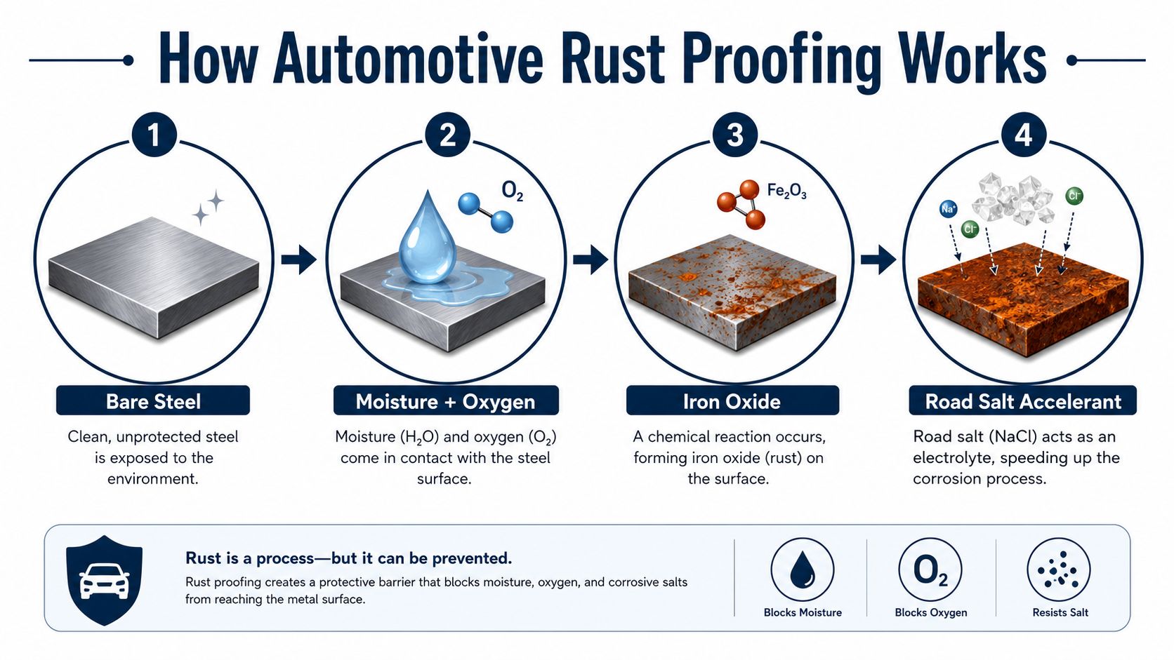 An infographic showing the four-step chemical process of automotive corrosion from bare steel to road salt damage.