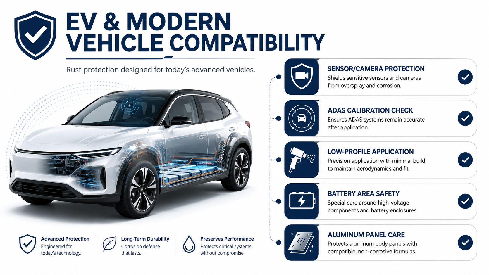 An infographic showing EV and modern vehicle compatibility for specialized rust proofing services and protective measures.