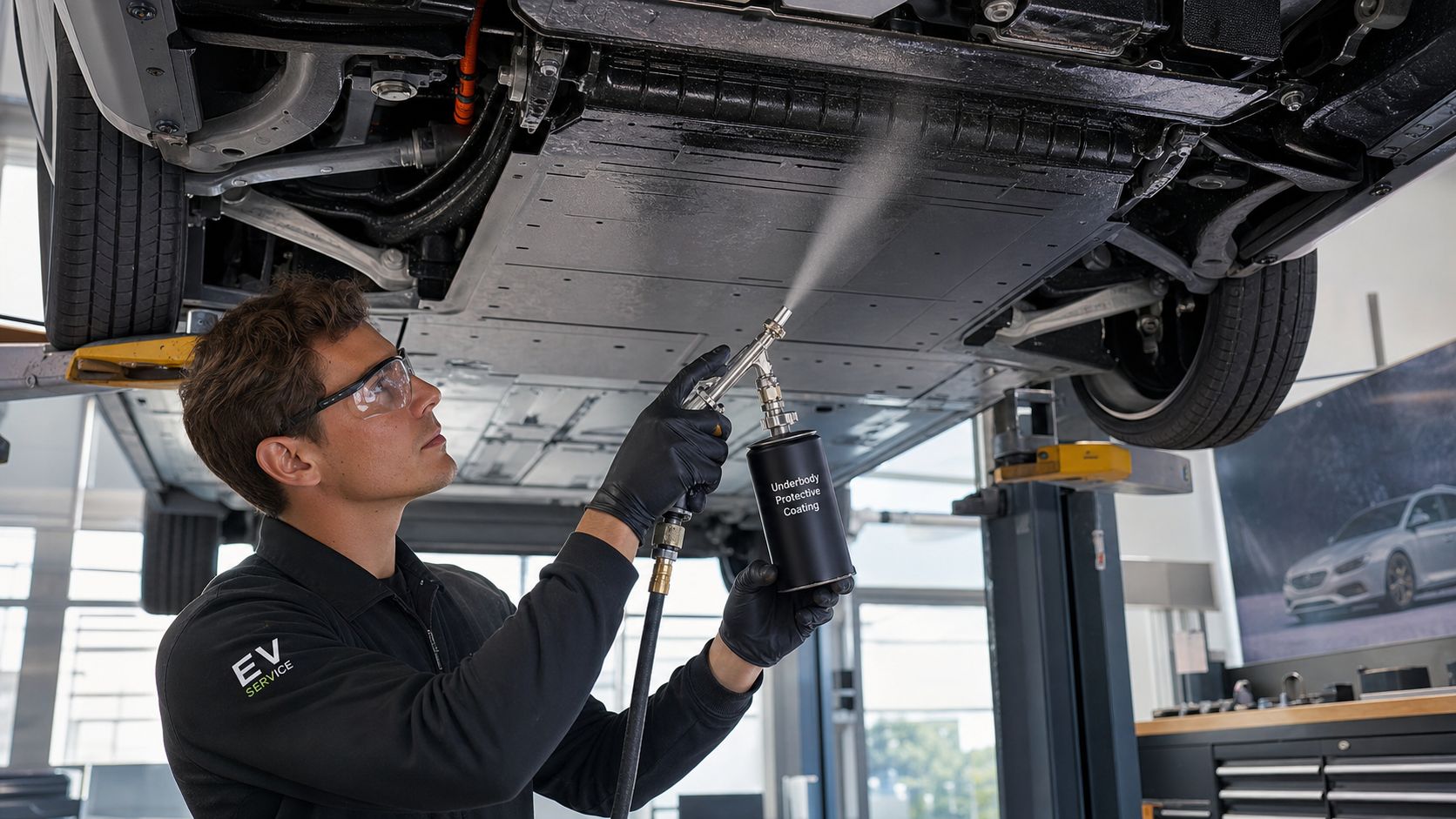 A professional technician wearing safety glasses and black gloves applying protective underbody coating to a car's chassis.
