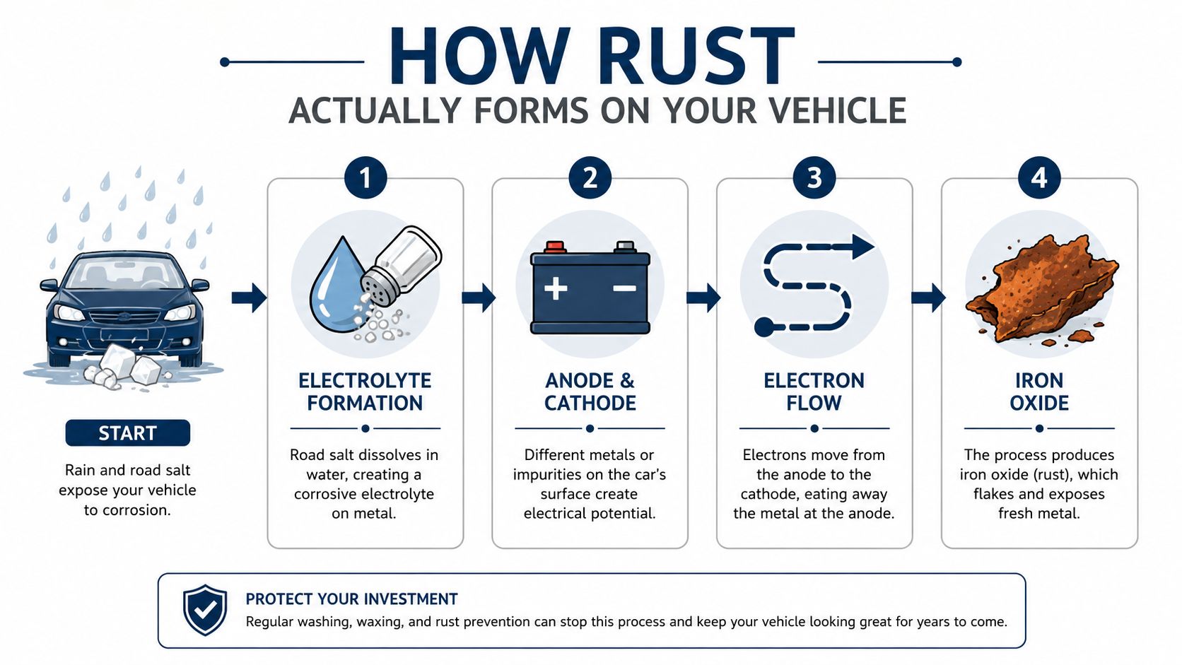 An infographic showing the four-step chemical process of how rust forms on vehicle surfaces due to salt and rain.